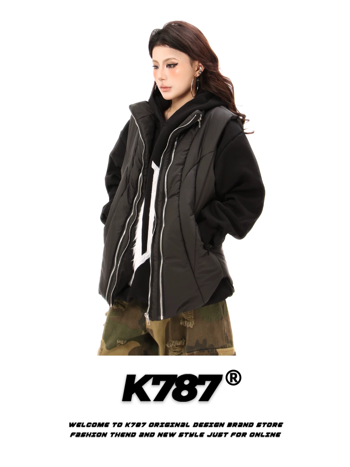 Áo khoác vest cổ đứng dày dặn kiểu retro Mỹ K787 dành cho nam và nữ, mặc nhiều lớp để giữ ấm, có đường may ép và xếp ly bằng vải cotton.