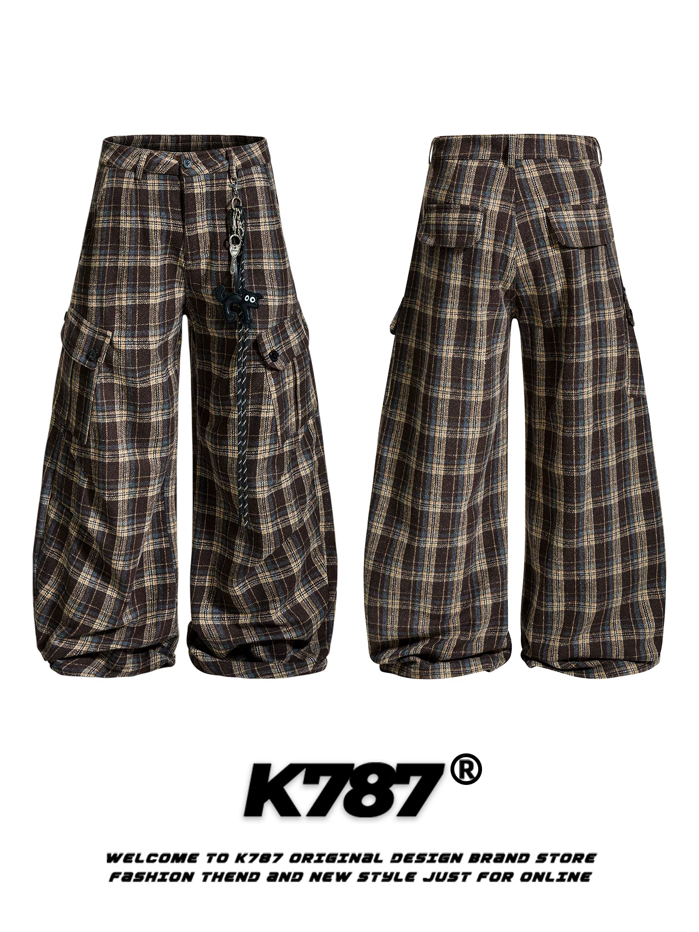 Quần dài kiểu lính dù nhiều túi phong cách retro Mỹ K787, unisex, rộng rãi, hợp thời trang, cạp cao, kẻ ca rô, dáng dài