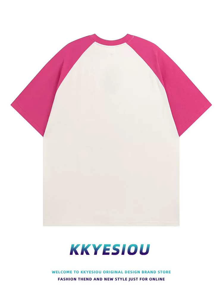 Áo thun ngắn tay màu đỏ hồng kiểu raglan cổ điển của Mỹ KKyesiou dành cho nam và nữ áo đôi cotton nguyên chất cỡ lớn