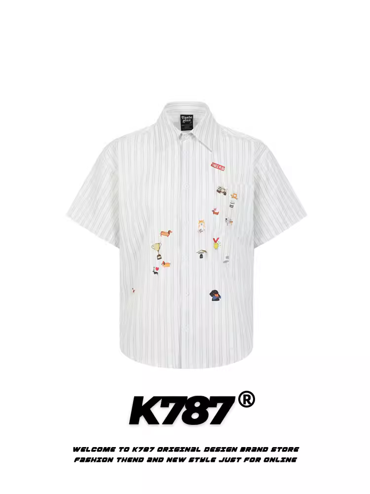 K787 Áo sơ mi ngắn tay in hình hoạt hình vui nhộn theo phong cách đường phố Mỹ dành cho nam và nữ áo cardigan dáng rộng lười biếng cổ điển nửa tay