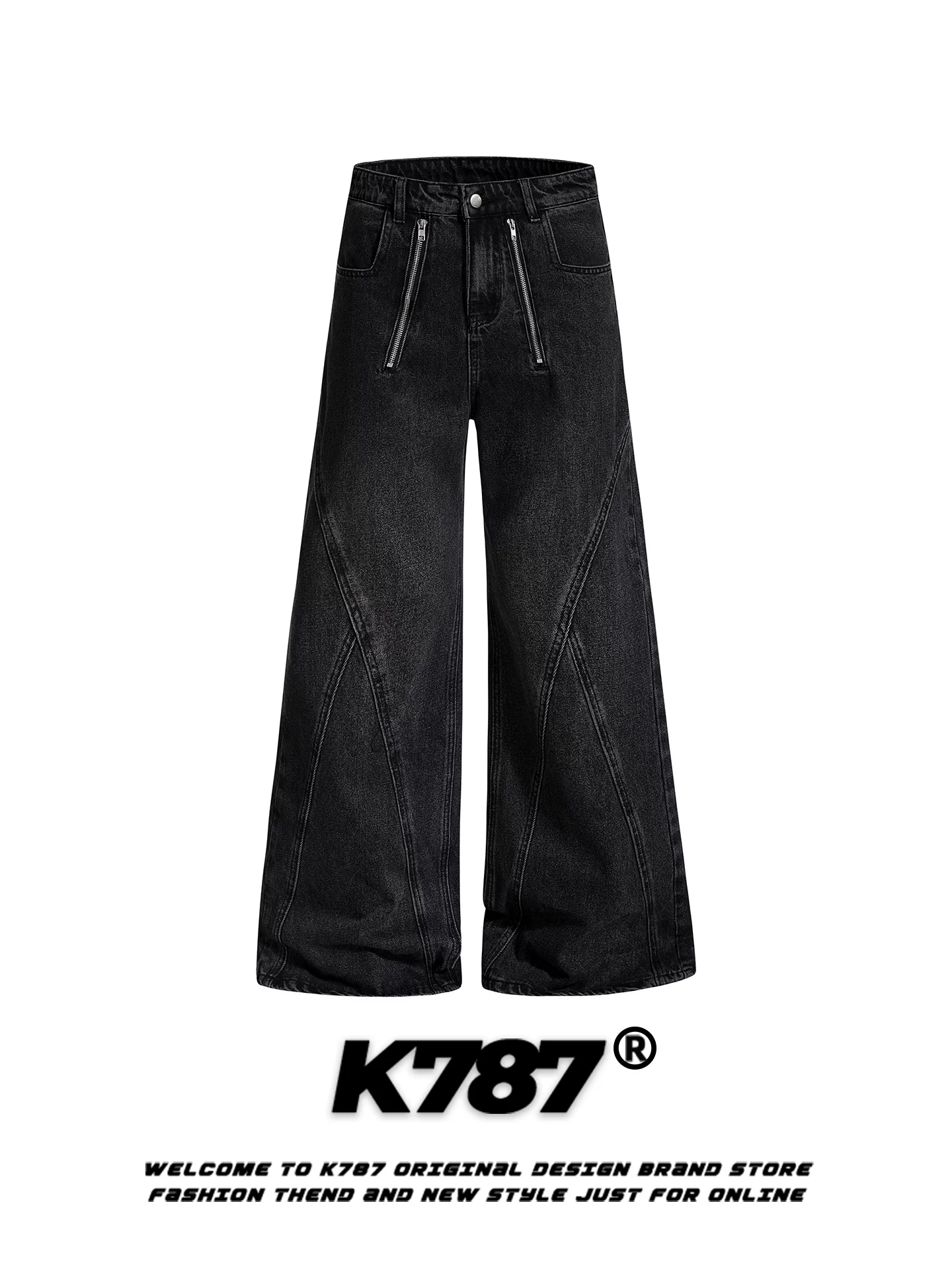 Quần jeans kiểu đường phố Mỹ K787, thiết kế ghép mảnh phá cách, trang trí khóa kéo, dành cho nam và nữ, dáng rộng, cạp cao, ống thẳng, phong cách thường ngày.