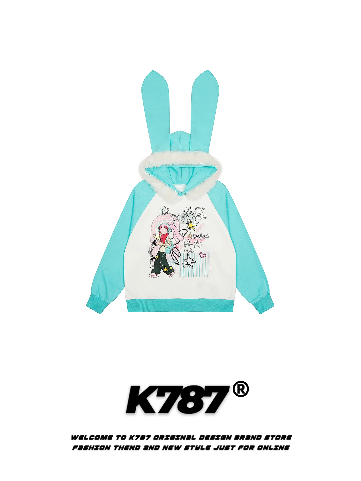 Áo khoác hoodie nữ K787 kiểu Mỹ, tai thỏ, cổ lông, phong cách Á nhẹ nhàng, kiểu Y2K, phối màu, áo khoác năng động