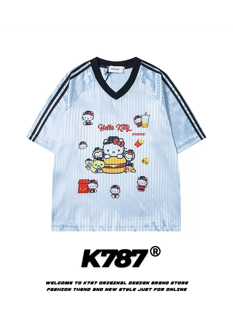 K787 Áo thun ngắn tay phong cách đường phố Mỹ kitty cat phong cách lười biếng dành cho nam và nữ blokecore sọc thể thao y2k jersey