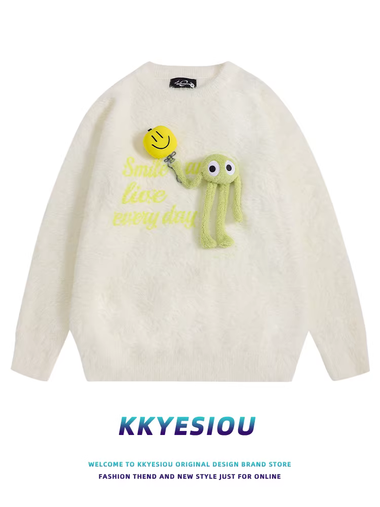 Áo len dệt kim phối màu phong cách retro Mỹ K787, họa tiết quái vật nhỏ dễ thương, unisex, dáng rộng, kiểu Nhật, áo len đôi