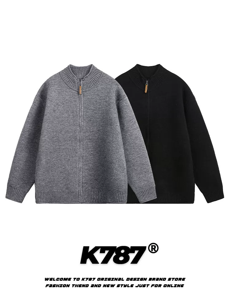 Áo len cardigan cổ tròn phong cách retro đơn giản kiểu Mỹ K787 dành cho nam và nữ, chất liệu dệt kim trơn màu, kiểu dáng năng động.