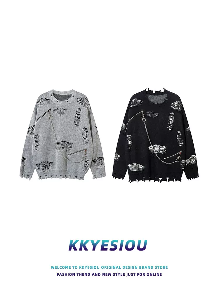 Áo len dệt kim phối mảng vá dây xích rách kiểu retro thời thượng của thương hiệu KKyesiou, unisex, dáng rộng, dành cho cặp đôi