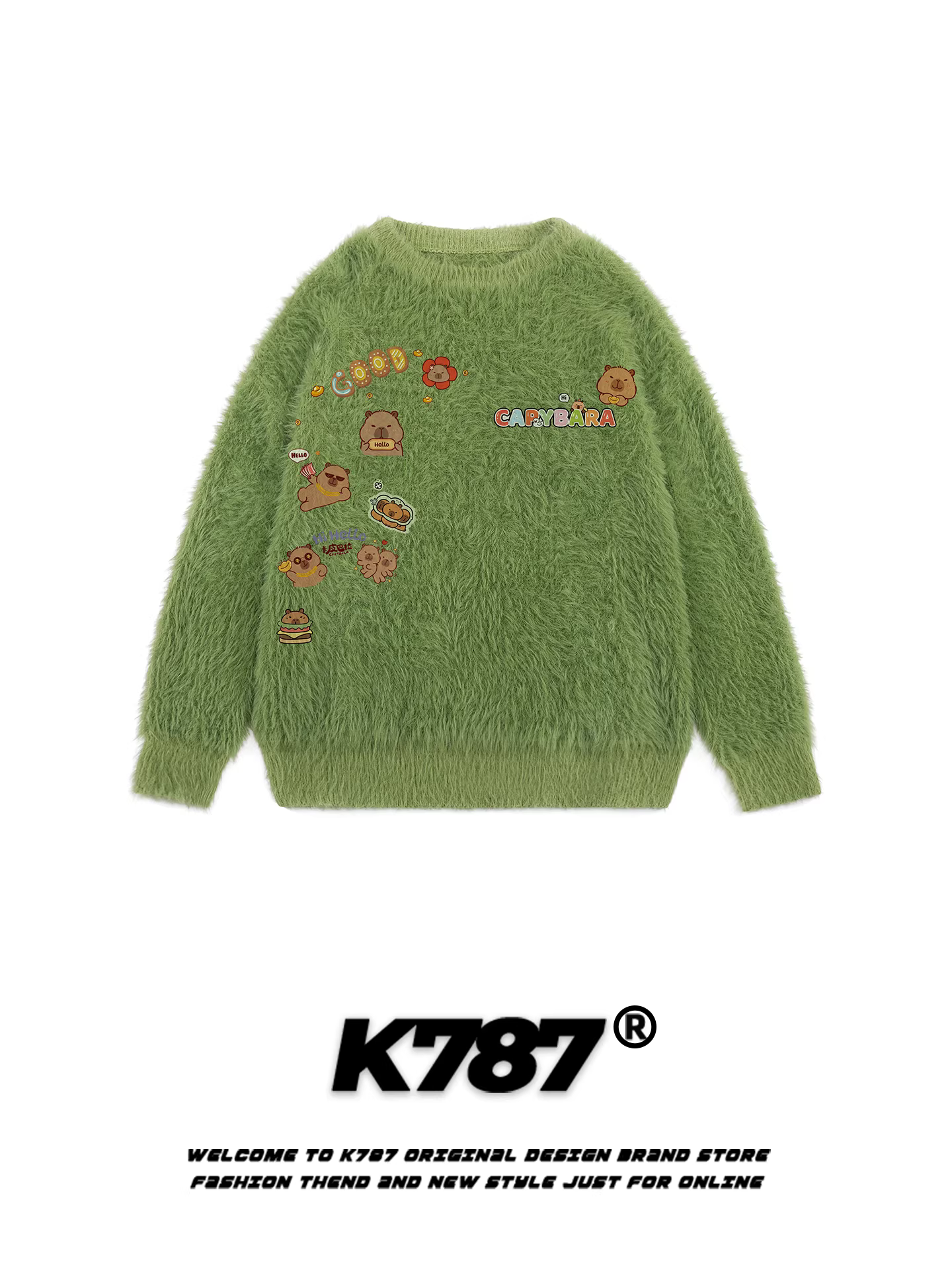 Áo len cổ tròn màu xanh bơ kiểu đường phố Mỹ K787 dành cho nữ, in hình gấu, mềm mại và ấm áp, kiểu dáng học sinh, dài tay, thích hợp cho mùa đông.