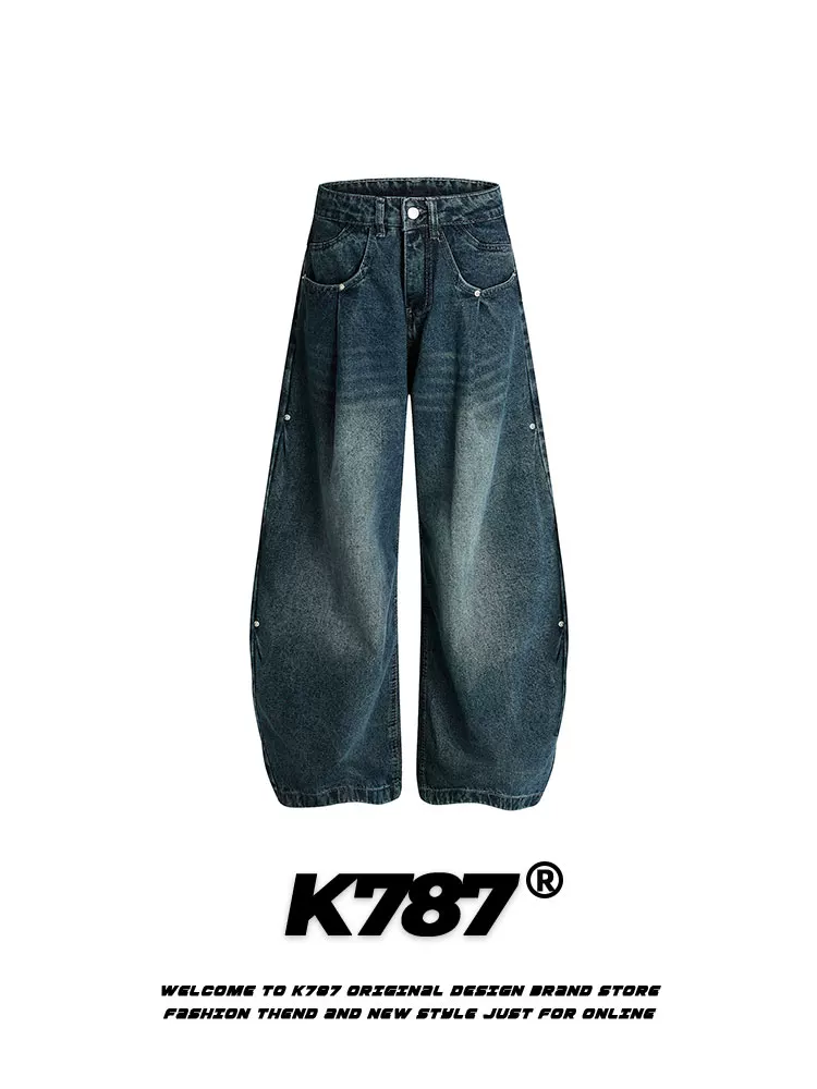Quần jeans K787 kiểu đường phố Mỹ, chất liệu washed nhăn, cạp cao, dành cho nam và nữ, quần ống rộng xu hướng thời trang, dáng suông thoải mái.