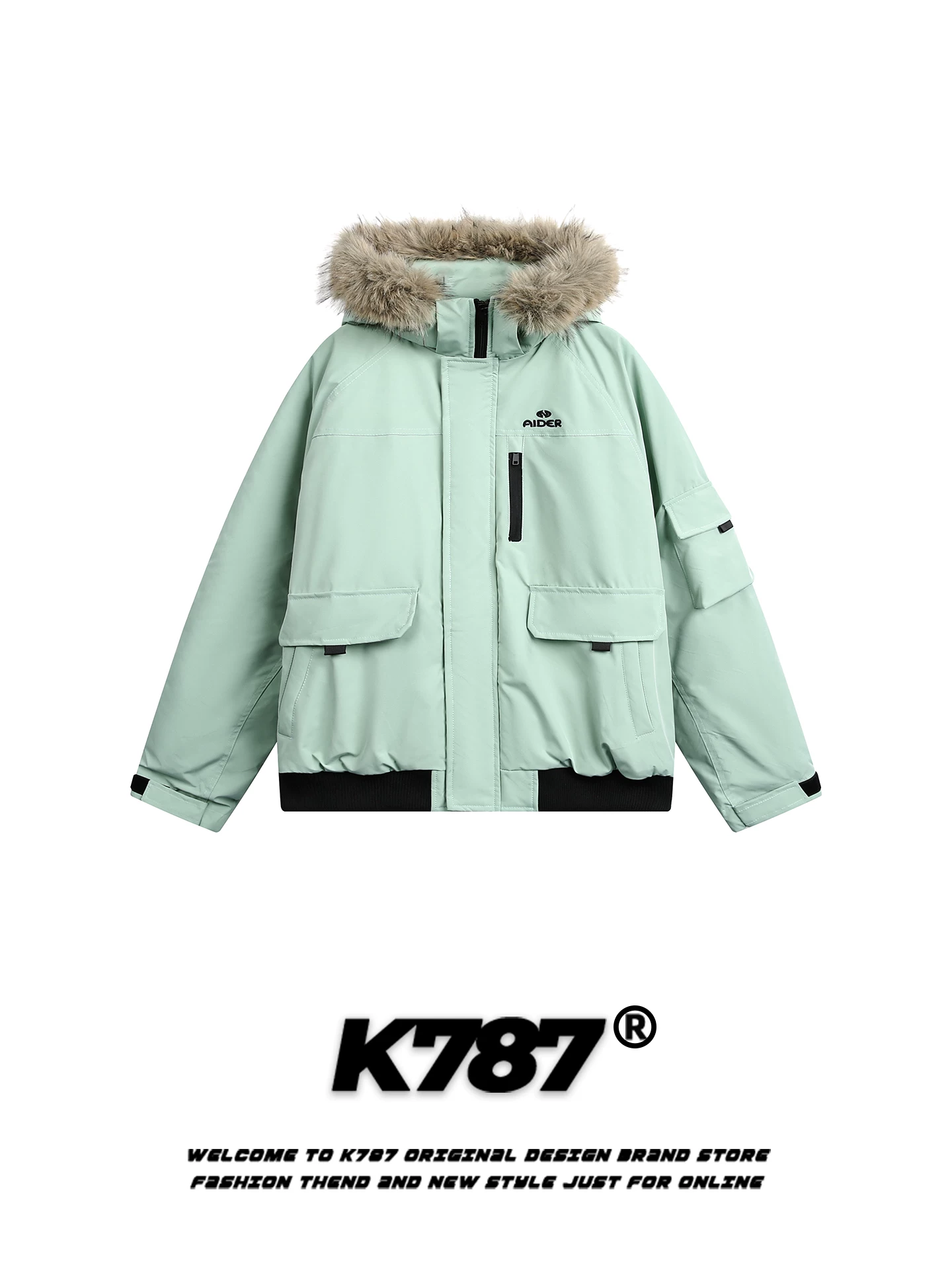 K787 Áo khoác cotton có mũ trùm đầu cổ lông lớn phong cách retro của Mỹ dành cho nam và nữ, thương hiệu thời trang rộng rãi, ấm áp và đa năng, áo khoác cotton dày dặn dành cho cặp đôi trong mùa đông.