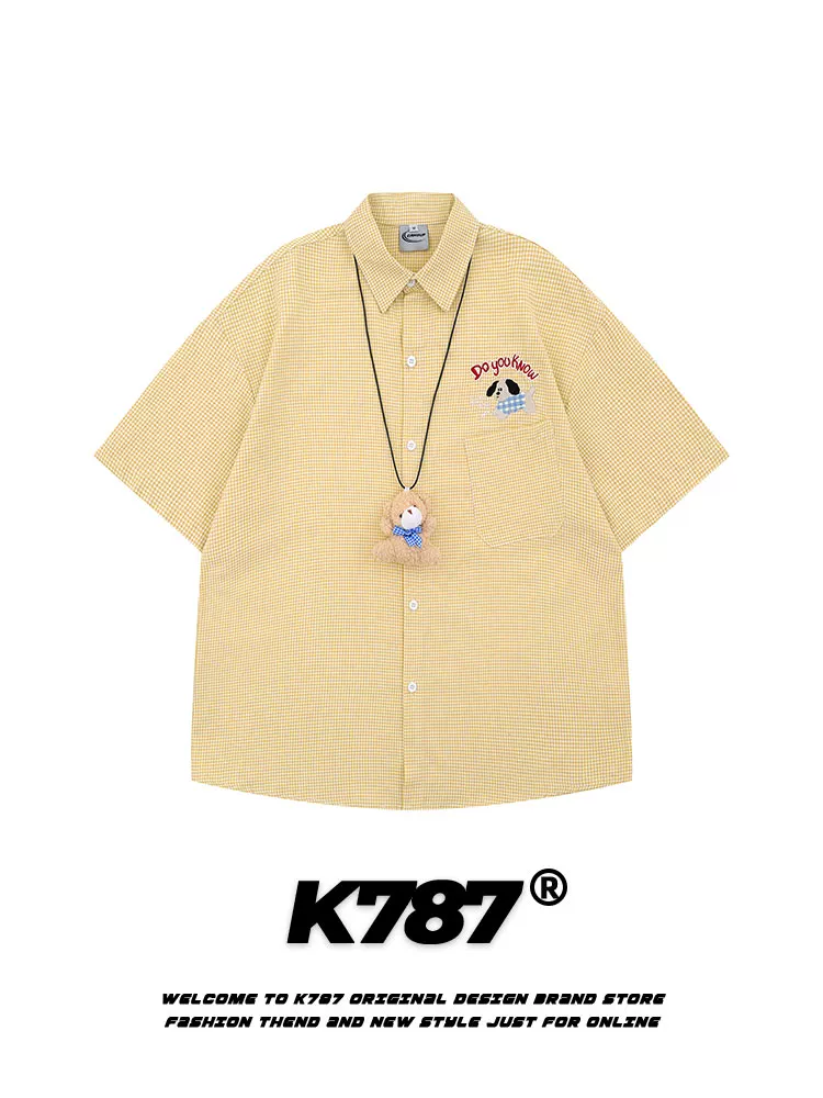 K787 Áo sơ mi ngắn tay phong cách retro Mỹ phong cách đại học có mặt dây chuyền hình gấu unisex kẻ sọc đa năng dáng rộng nửa tay áo cardigan mùa hè