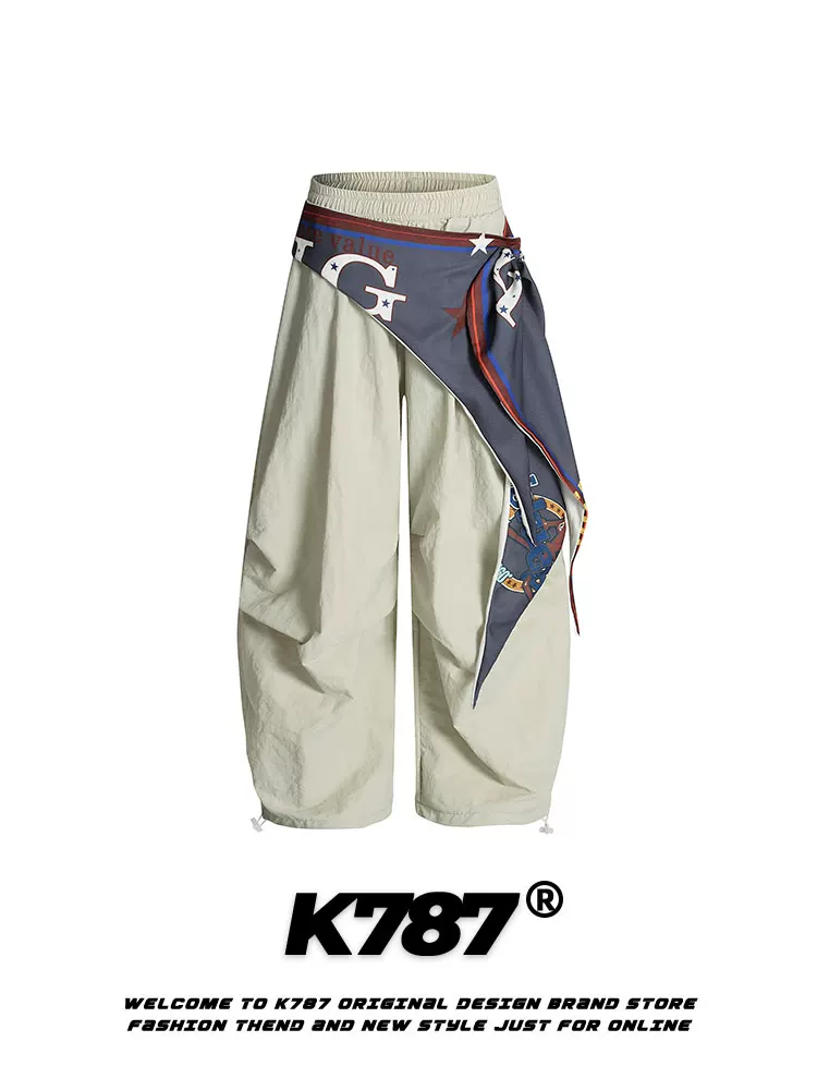 Quần cargo xếp ly kiểu Mỹ cổ điển K787, thiết kế cắt xéo, unisex, phong cách hip-hop đường phố, dáng rộng, thoải mái.