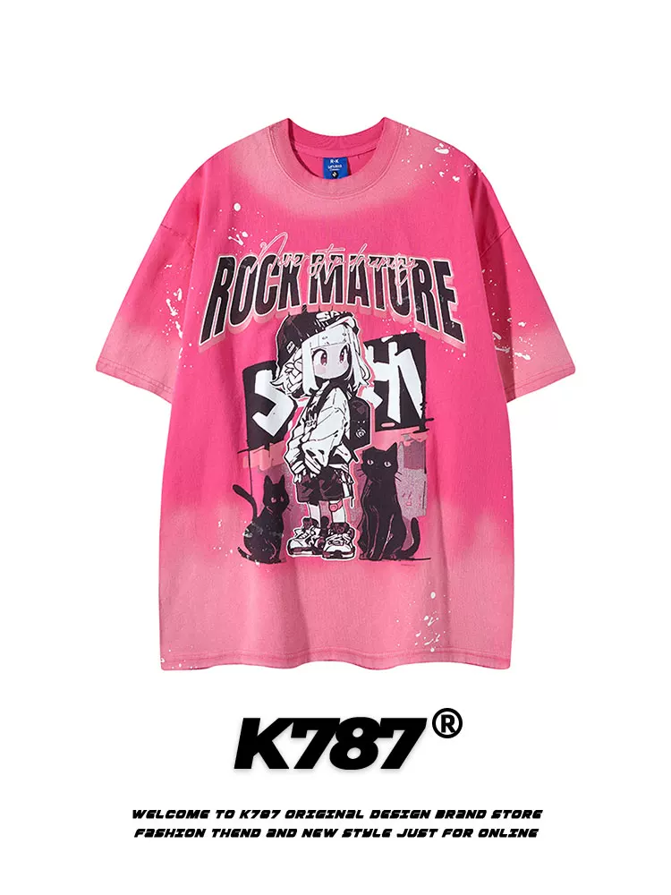 K787 Áo thun ngắn tay phong cách retro vui nhộn của Mỹ có họa tiết graffiti đau khổ dành cho nam và nữ Áo thun nửa tay cỡ lớn dành cho cặp đôi