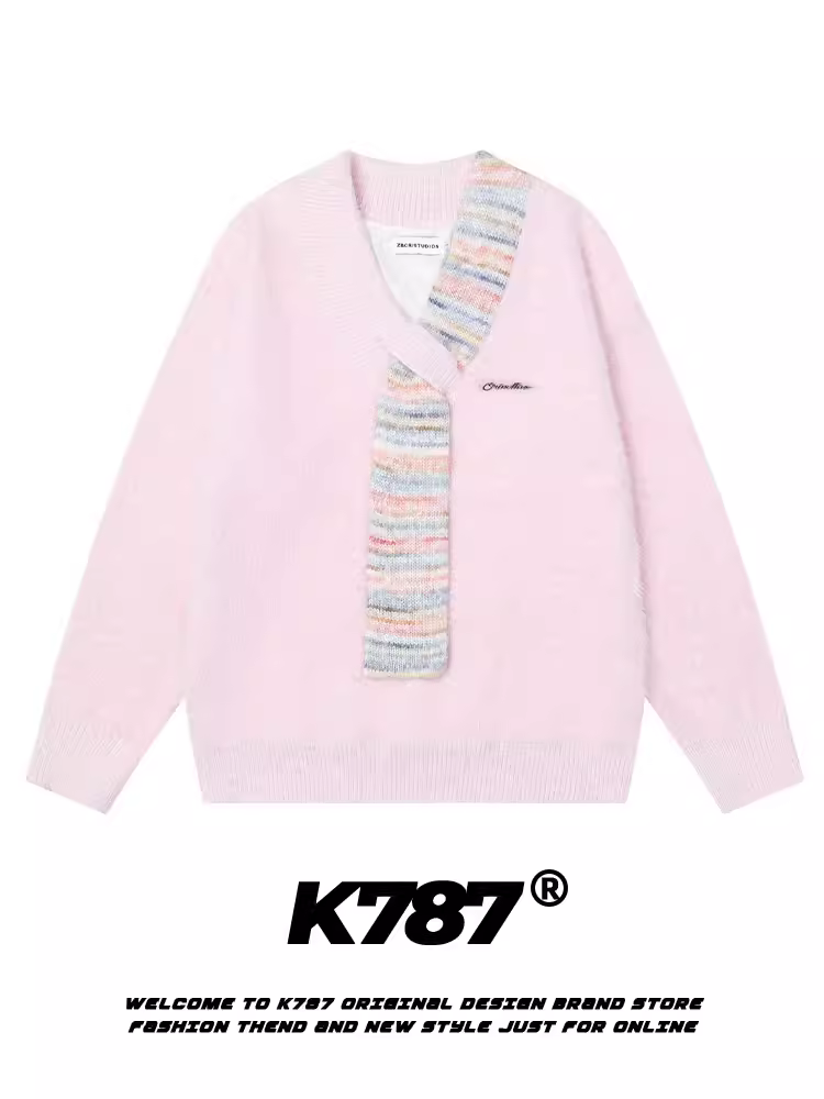 Áo len nữ dệt kim phối họa tiết, cổ V, phong cách giản dị, thoải mái, chất liệu lông cừu mềm mại K787