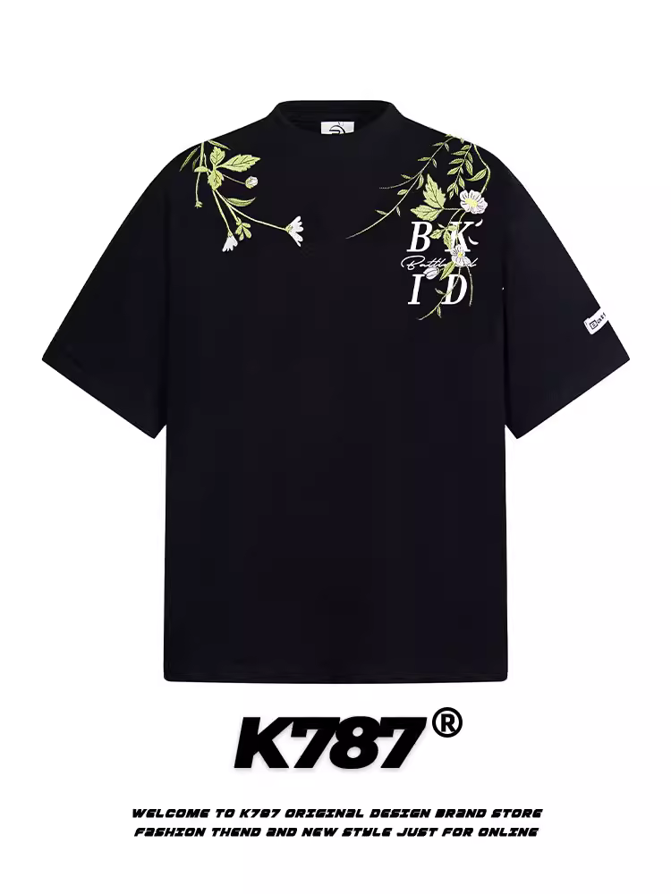 Áo thun ngắn tay thêu hoa cổ điển kiểu Trung Quốc K787 dành cho nam và nữ, áo chui đầu dáng rộng và đa năng dành cho cặp đôi