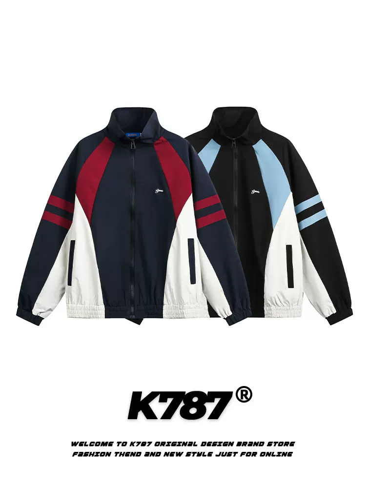 Áo khoác bomber unisex kiểu Mỹ cổ đứng phối màu phong cách retro, chất liệu vải ghép, dáng rộng, phong cách thường ngày, mùa thu