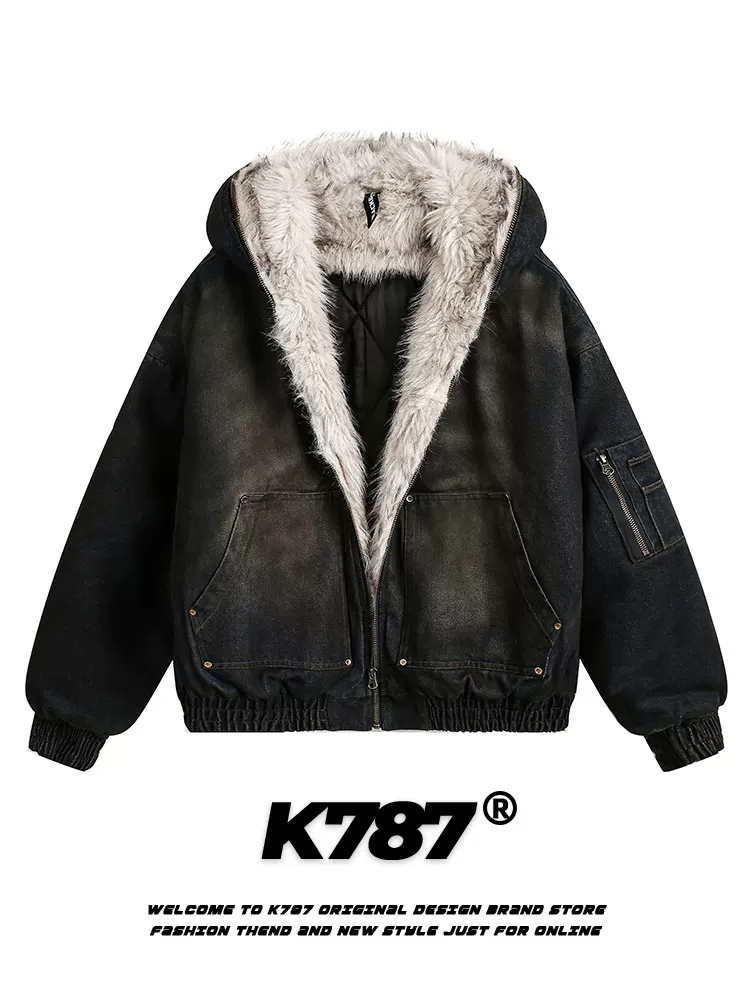 Áo khoác denim có mũ trùm đầu, cổ lông dày kiểu Trung Quốc K787 dành cho nam và nữ, đã qua xử lý làm mềm và tạo hiệu ứng cũ kỹ, áo khoác cotton có mũ dành cho cặp đôi mùa đông.