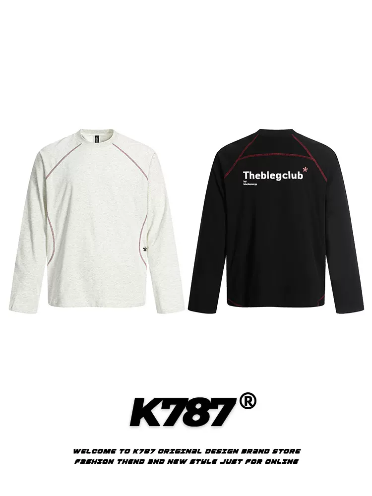 K787 Áo thun dài tay in chữ đơn giản theo phong cách retro Mỹ dành cho nam và nữ, đường may lộ, áo dáng rộng thể thao, giản dị