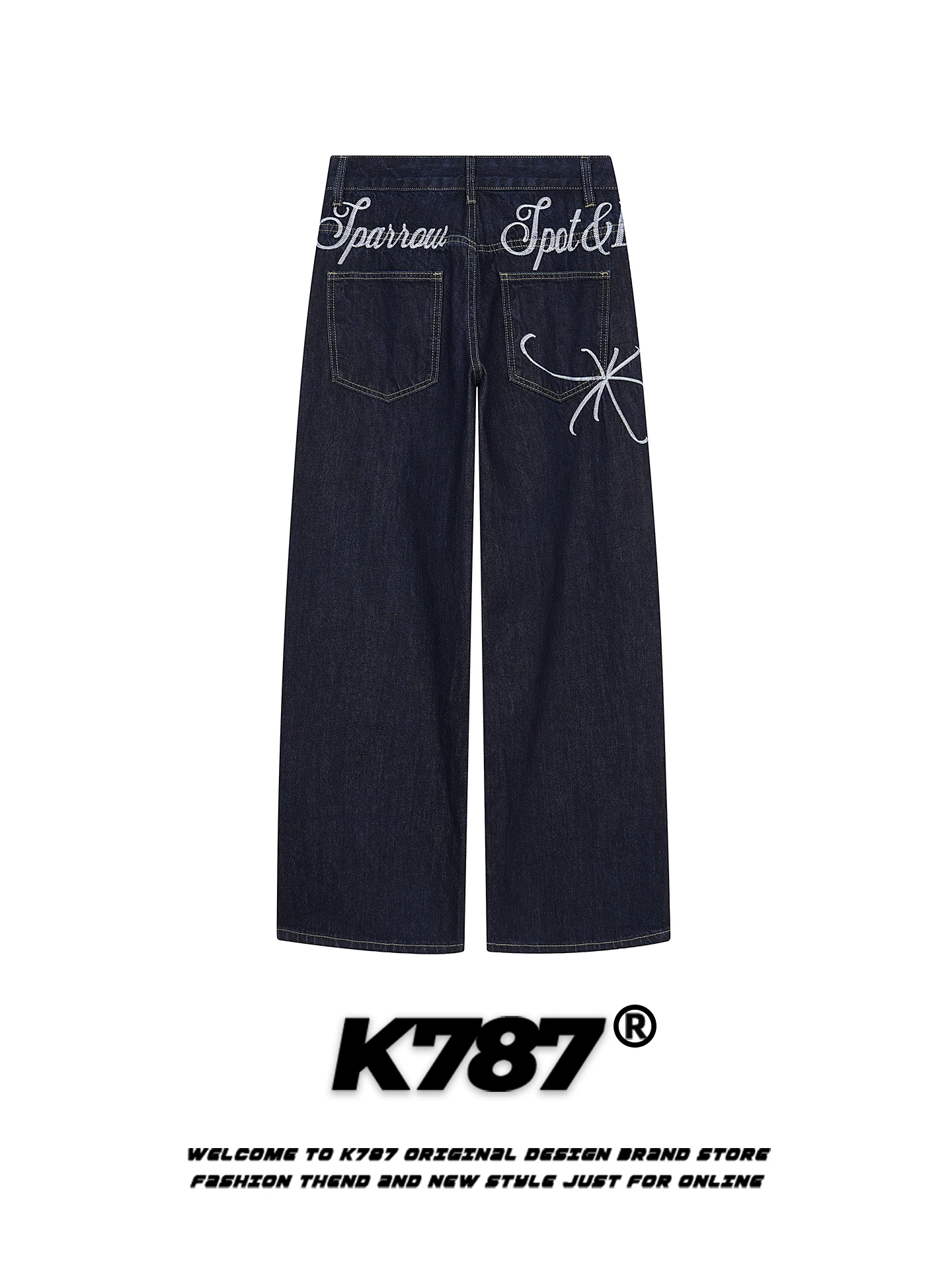 Quần jeans K787 kiểu Mỹ cổ điển, thêu chữ ở hông, unisex, dáng xuông rộng, cạp cao, màu gốc, đa năng, phong cách thường ngày