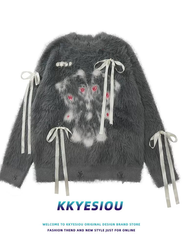 Áo len dệt kim mohair in hình hoạt hình dopamine phong cách KKyesiou, kiểu dáng lười biếng, unisex, mềm mại, có nơ