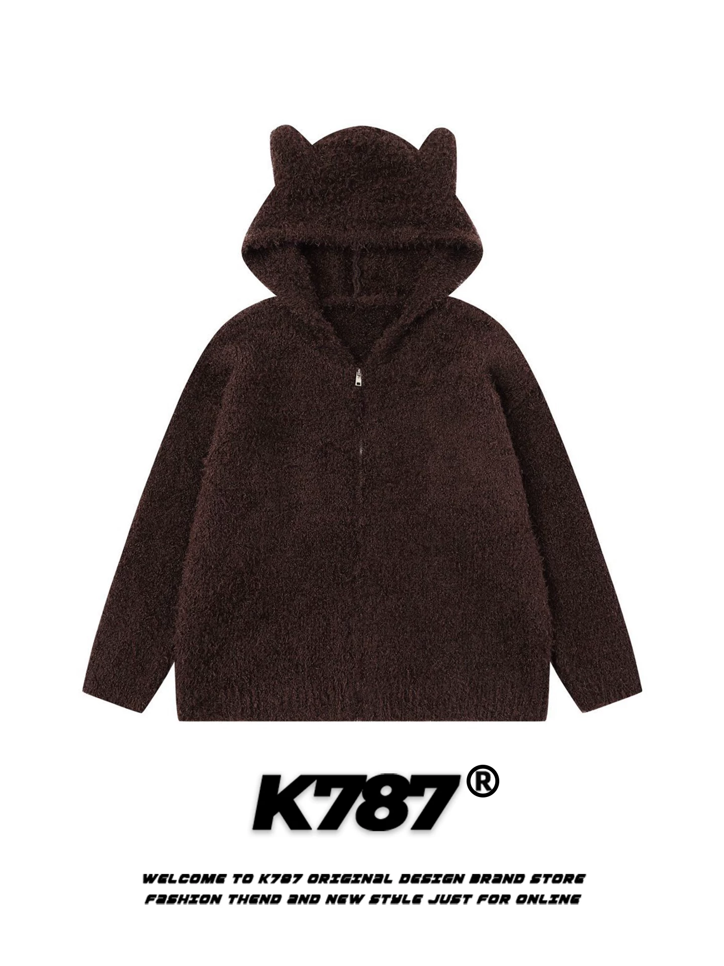 Áo len cardigan có mũ trùm đầu kiểu retro Mỹ K787 dành cho nam và nữ, áo khoác ngắn dáng rộng màu mơ có tai mèo