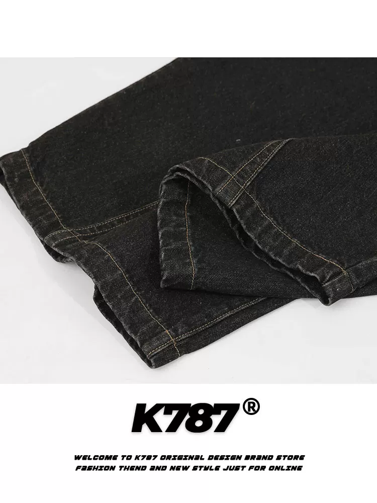 K787 Quần jean kẻ sọc cổ điển kiểu Mỹ chắp vá unisex oversize niche quần ống thẳng thông thường hợp thời trang