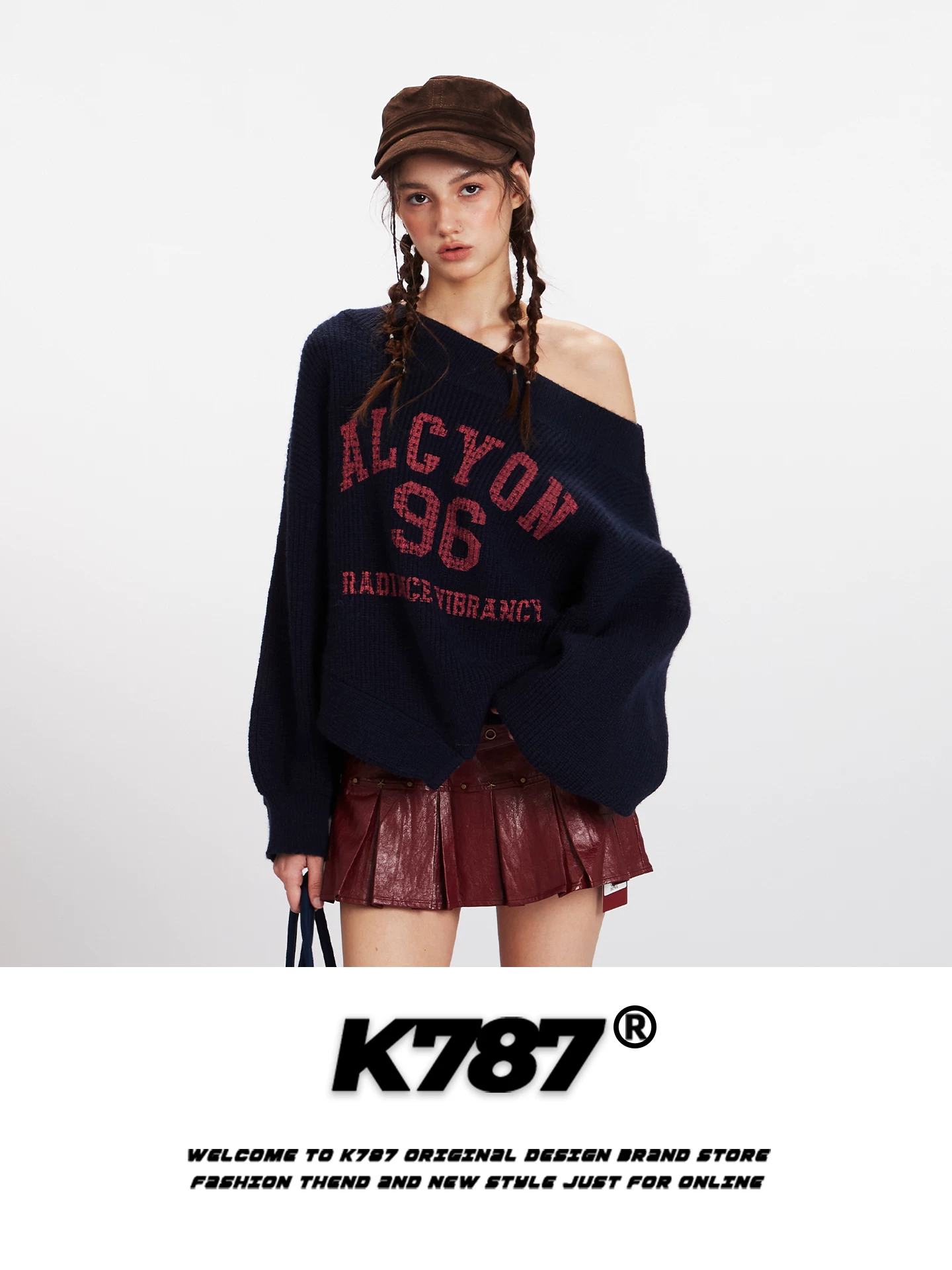 Áo len nữ kiểu Mỹ K787, họa tiết jacquard, dáng lệch vai, thiết kế bất đối xứng, chất liệu len dệt kim ngắn, kiểu dáng rộng rãi, thoải mái, phong cách lười biếng.