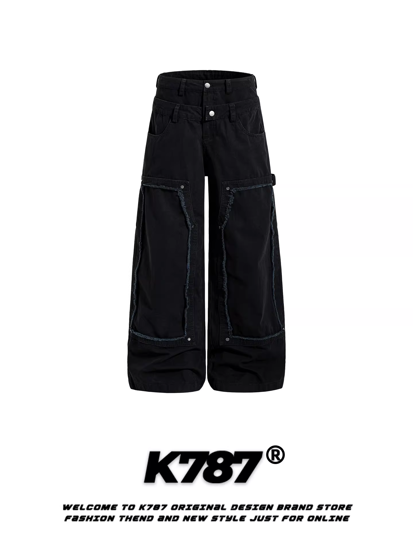 Quần cargo dáng rộng, cạp đôi, phong cách đường phố Mỹ K787 dành cho nam và nữ, quần ống rộng, cạp cao, dài chạm sàn, kiểu dáng thời trang, thương hiệu nổi tiếng.