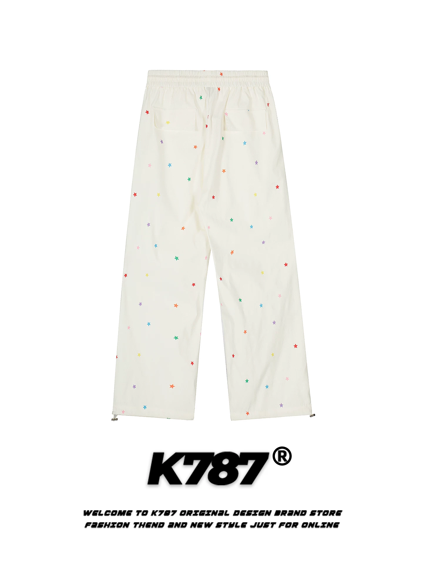 K787 Quần dù xếp ly in hình ngôi sao phong cách đường phố Mỹ unisex lưng cao thể thao đa năng quần ống rộng dáng thẳng thông thường