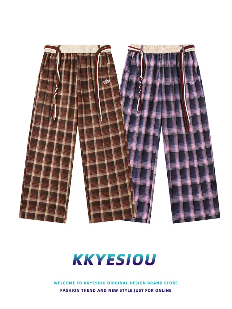 Quần kẻ sọc cổ điển kiểu Mỹ KKyesiou dành cho nam và nữ, quần ống đứng dáng thể thao đa năng, cạp cao, phong cách lười biếng