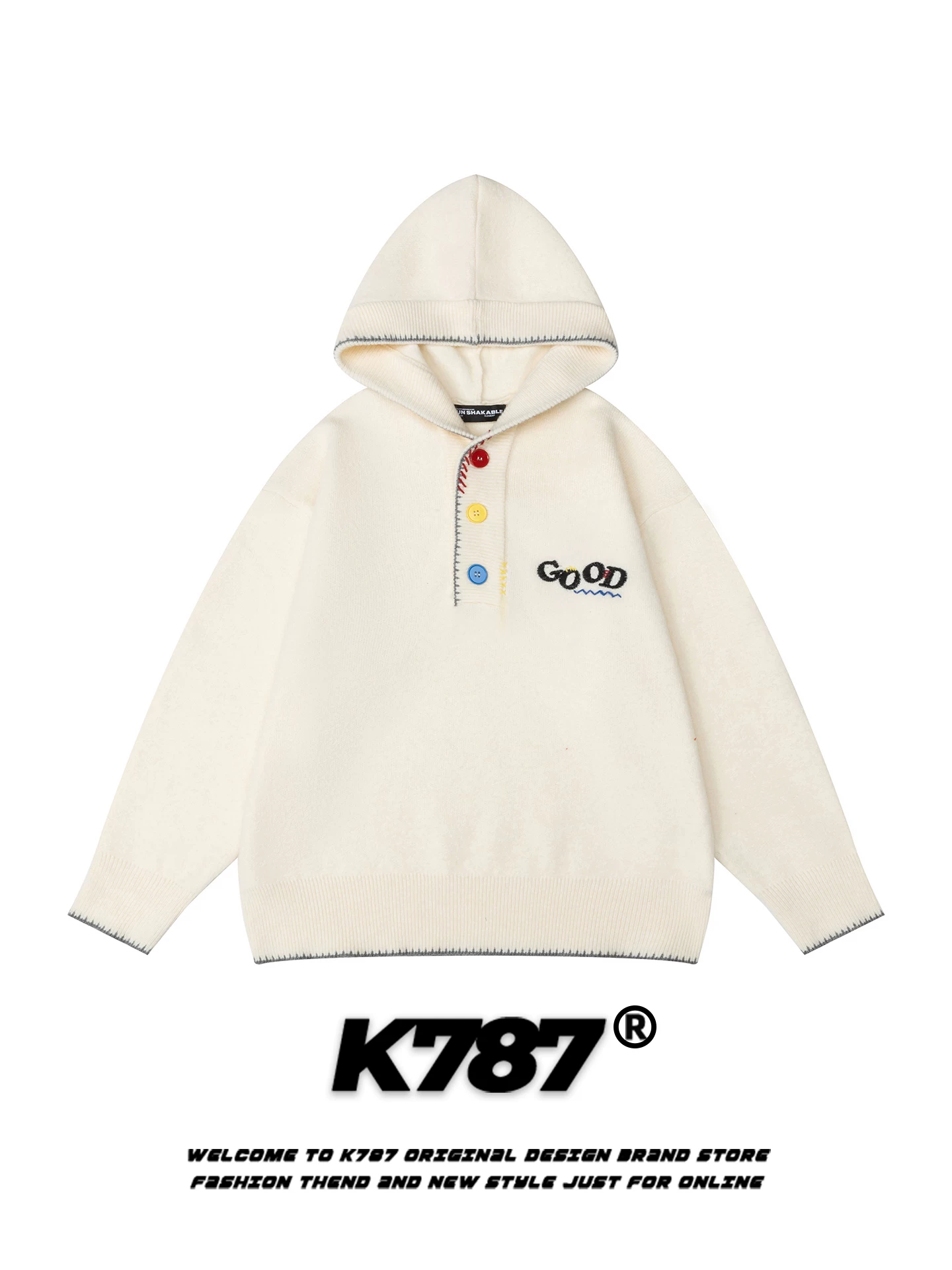 Áo khoác nỉ có mũ, kiểu đường phố Mỹ K787, thêu nhiều màu sắc, cài nút, unisex, phong cách đại học, chất liệu dệt kim, dáng rộng, dành cho cặp đôi