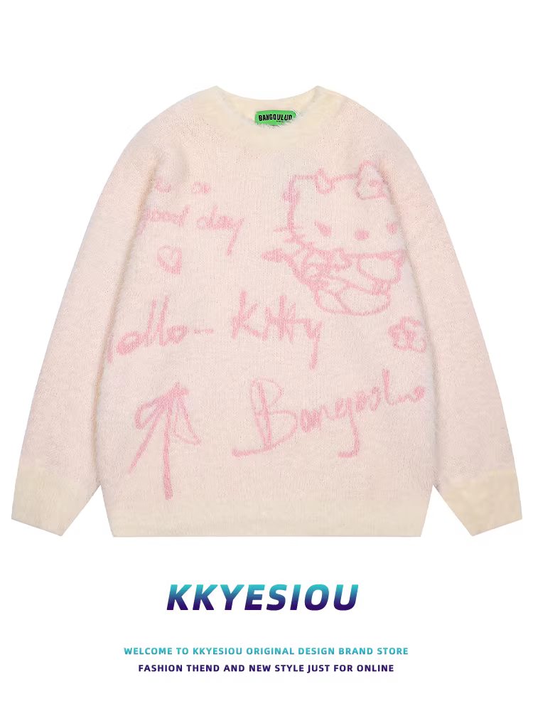 Áo len dệt kim kiểu Nhật KKyesiou Hello Kitty phong cách thường ngày dành cho nữ mùa thu đông 2024, phong cách đường phố Mỹ, tạo cảm giác năng động.