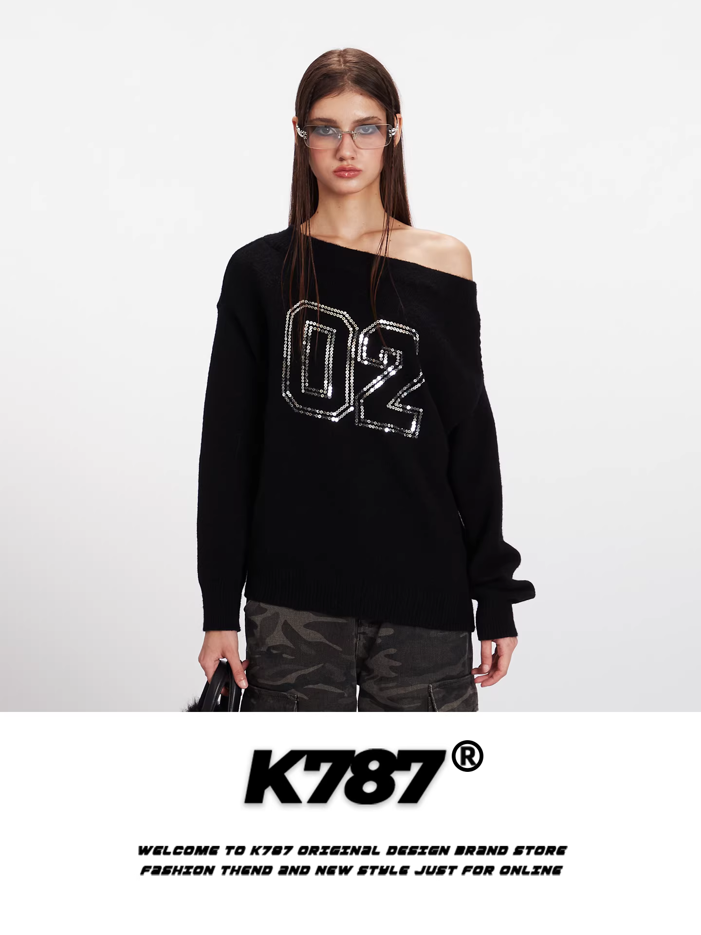 Áo len nữ kiểu Mỹ K787, thiết kế sequin số, kiểu trễ vai, dáng rộng, chất liệu len ngắn, tôn dáng, trẻ trung.