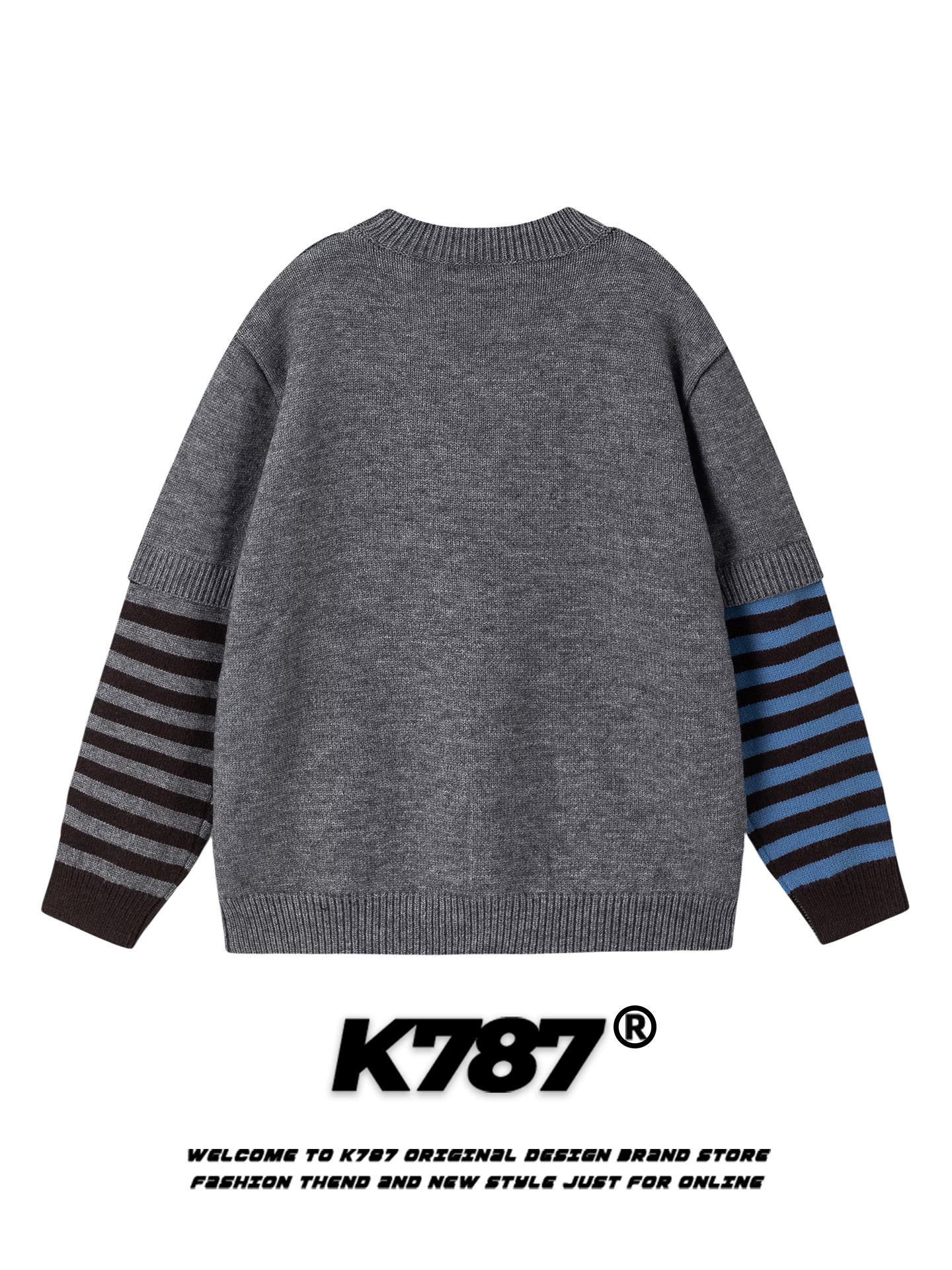 Áo len dệt kim giả hai mảnh kiểu Mỹ cổ điển K787, họa tiết chó, unisex, sọc, dáng rộng, đa năng, phong cách thường ngày