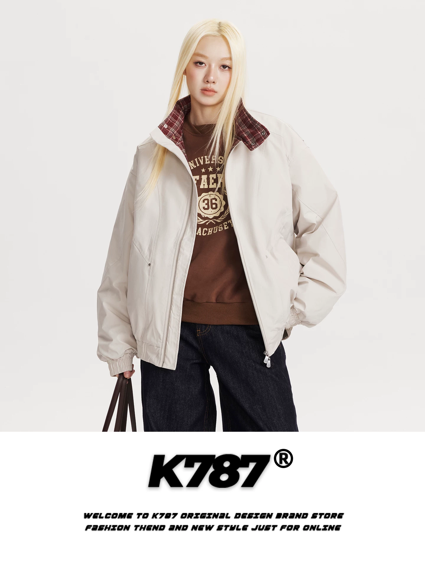 Áo khoác cardigan cotton unisex dáng rộng phong cách retro Mỹ, phối màu caro, cổ đứng, thương hiệu thời trang, ấm áp, dành cho cặp đôi.