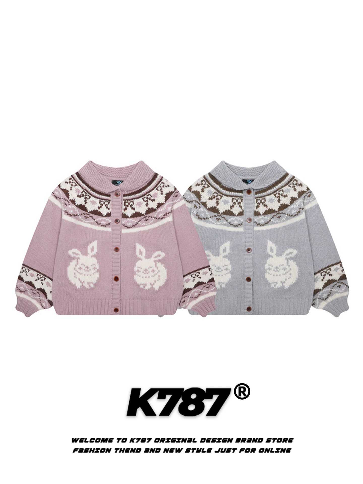 Áo len cardigan dệt kim kiểu Mỹ cổ điển K787 họa tiết thỏ Fair Isle dành cho nữ, dáng rộng, mùa thu đông, phong cách nhẹ nhàng, áo khoác ngắn dệt kim.