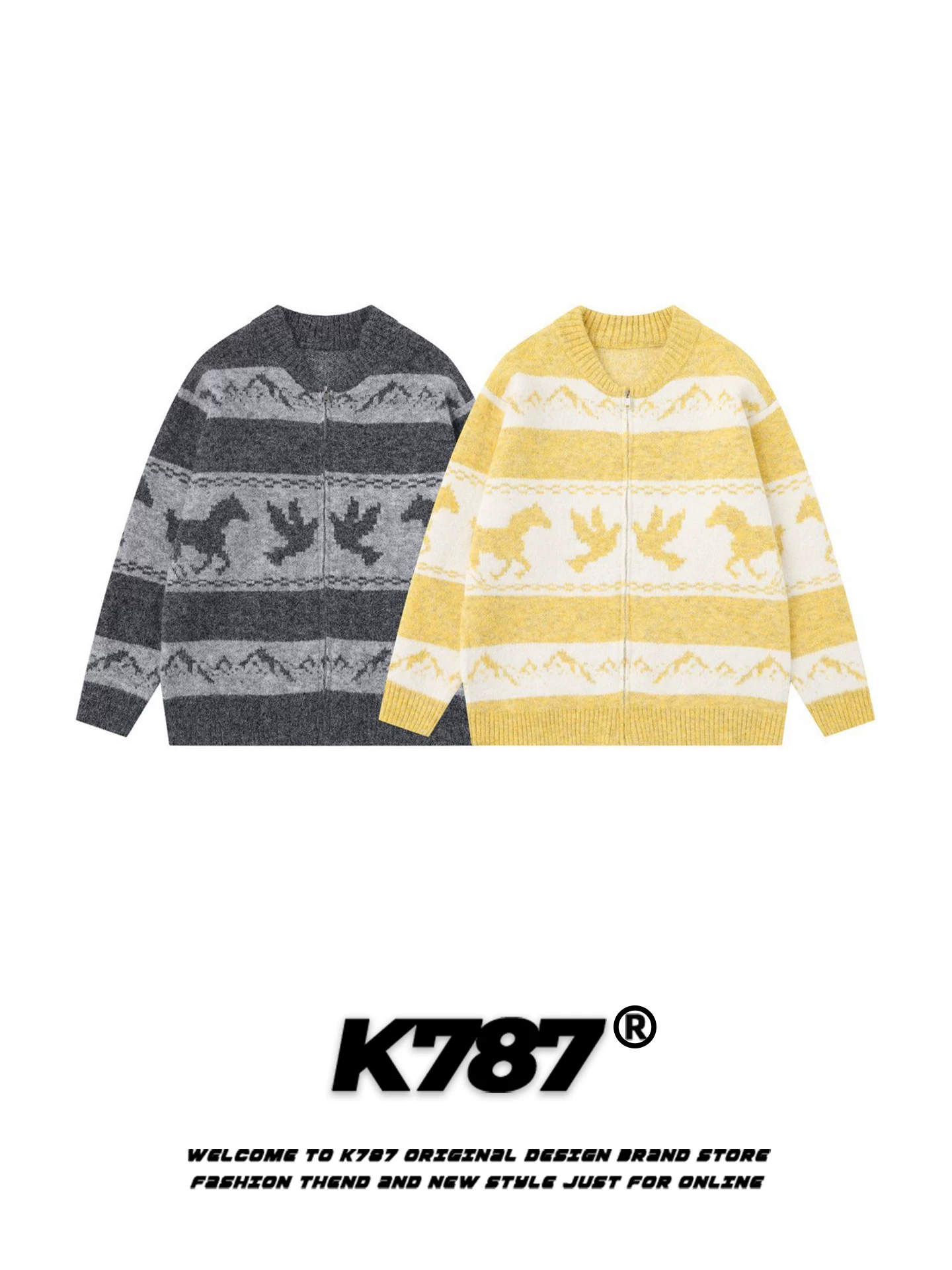 Áo len cardigan dệt jacquard họa tiết động vật cổ điển Mỹ K787 dành cho nam và nữ, kiểu dáng rộng rãi, thoải mái, phong cách năng động, phối màu, đồ đôi.