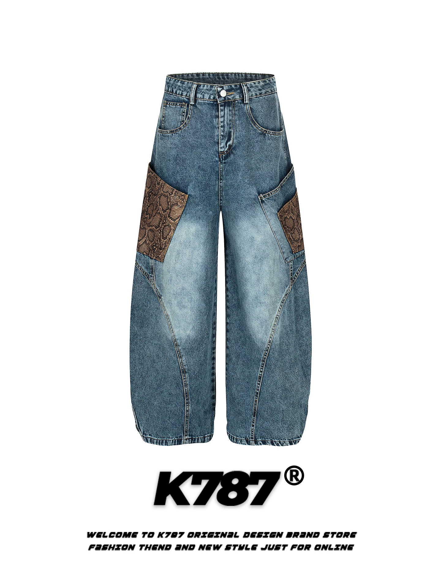 Quần jeans ống rộng unisex kiểu Mỹ K787, họa tiết da rắn phối vải, thiết kế hip-hop thời thượng, phong cách đường phố, kiểu dáng casual.