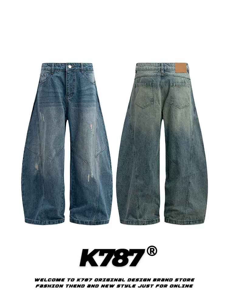 Quần jeans dáng thẳng lưng cao unisex K787 kiểu Mỹ cổ điển, xước rách, phai màu, dáng rộng, phong cách thường ngày