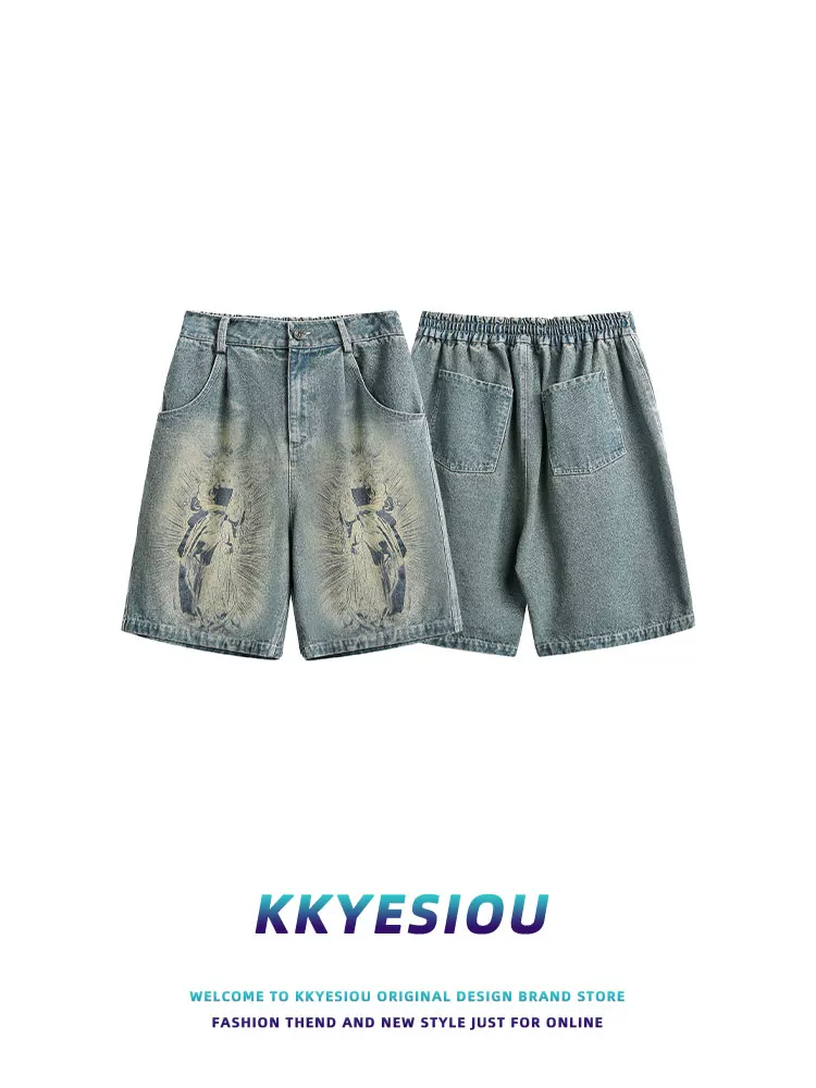 Quần short đường phố cao cấp kiểu dáng cổ điển của Mỹ của KKyesiou dành cho nam và nữ mùa hè Quần short denim dài vừa phải in họa tiết đường phố châu Âu và Mỹ