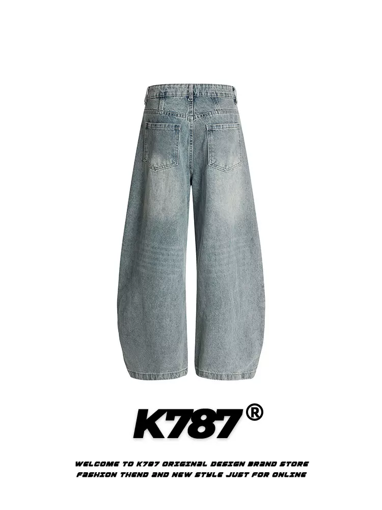 Quần jeans K787 kiểu đường phố Mỹ, chất liệu washed nhăn, cạp cao, dành cho nam và nữ, quần ống rộng xu hướng thời trang, dáng suông thoải mái.