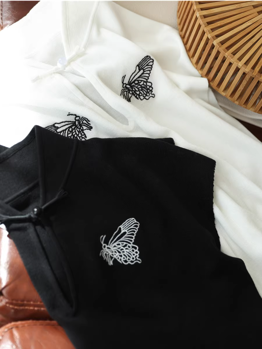 Áo thun nữ tay ngắn cổ đứng thêu bướm phong cách Trung Hoa mới chất liệu lyocell thoáng mát, kiểu dáng mới mùa hè