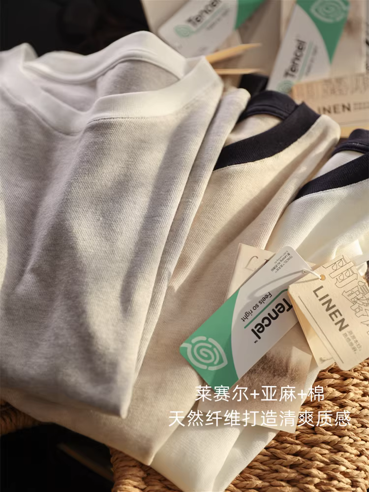 Giá trị cao! Áo thun nữ chất liệu vải lanh cotton Lyocell mềm mại, mỏng nhẹ, phối màu, cổ tròn, dáng rộng, đa năng, tay ngắn, mẫu mới cho mùa hè.