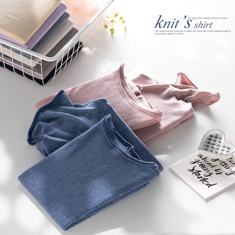 Áo len cổ tròn có viền cuộn tự nhiên bằng sợi bạc dành cho nữ, áo dệt kim cổ tròn, áo len ấm áp, lớp lót mùa thu đông.