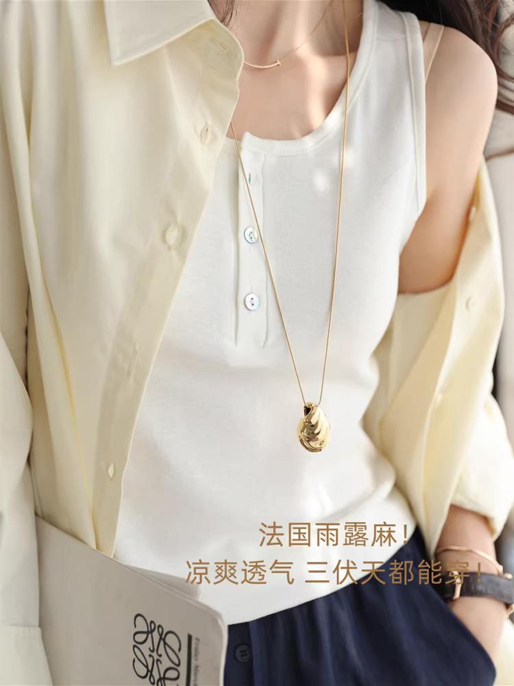 Áo gile vải lanh Pháp! Áo gile cổ tròn cài khuy, chất liệu vải lanh Tencel thoáng mát, dành cho nữ.