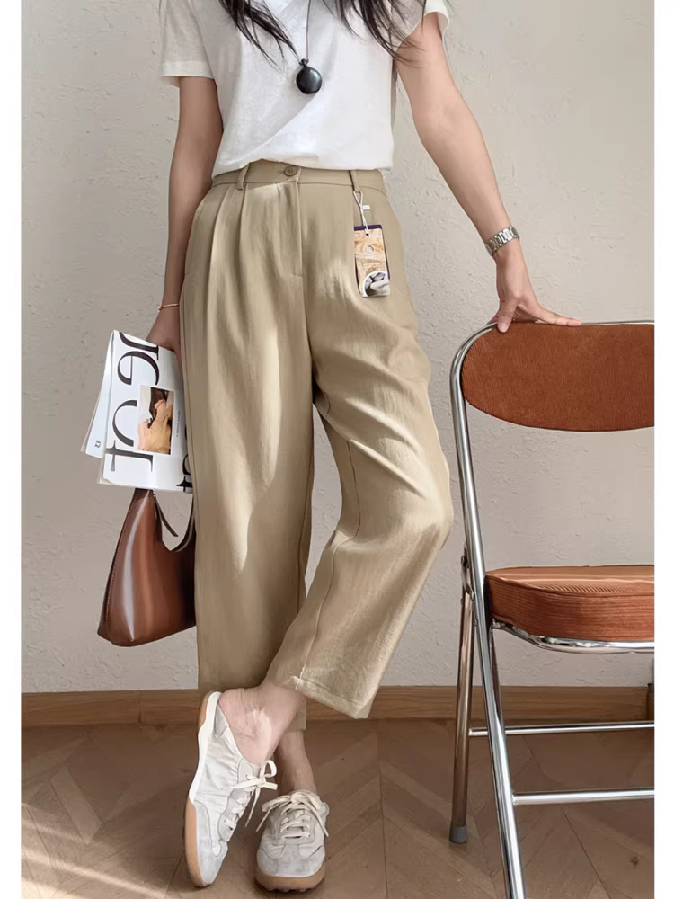 Quần vải lanh mát mẻ và chống nhăn! Quần ống rộng dáng thẳng lưng cao, tôn dáng, quần lửng chín phần, quần bà ngoại dành cho nữ, mẫu mới cho mùa hè.