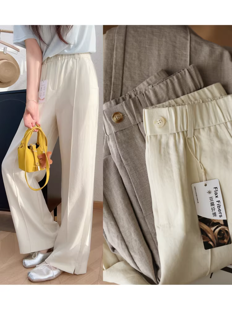 Quần vải lanh thoải mái và không nhăn! Quần ống đứng thông thường, mát mẻ và mỏng, quần ống rộng lưng cao dành cho nữ, mới cho mùa hè.