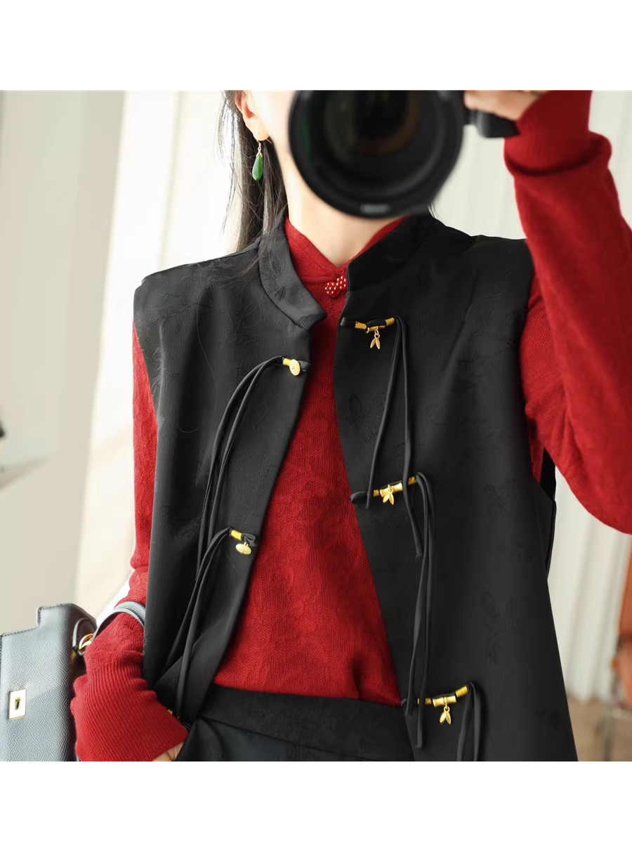 Tre mang lại sự bình yên~ Phong cách Trung Hoa mới, áo khoác vest cổ đứng họa tiết tối màu sang trọng và thanh lịch dành cho nữ, mẫu mùa xuân mới