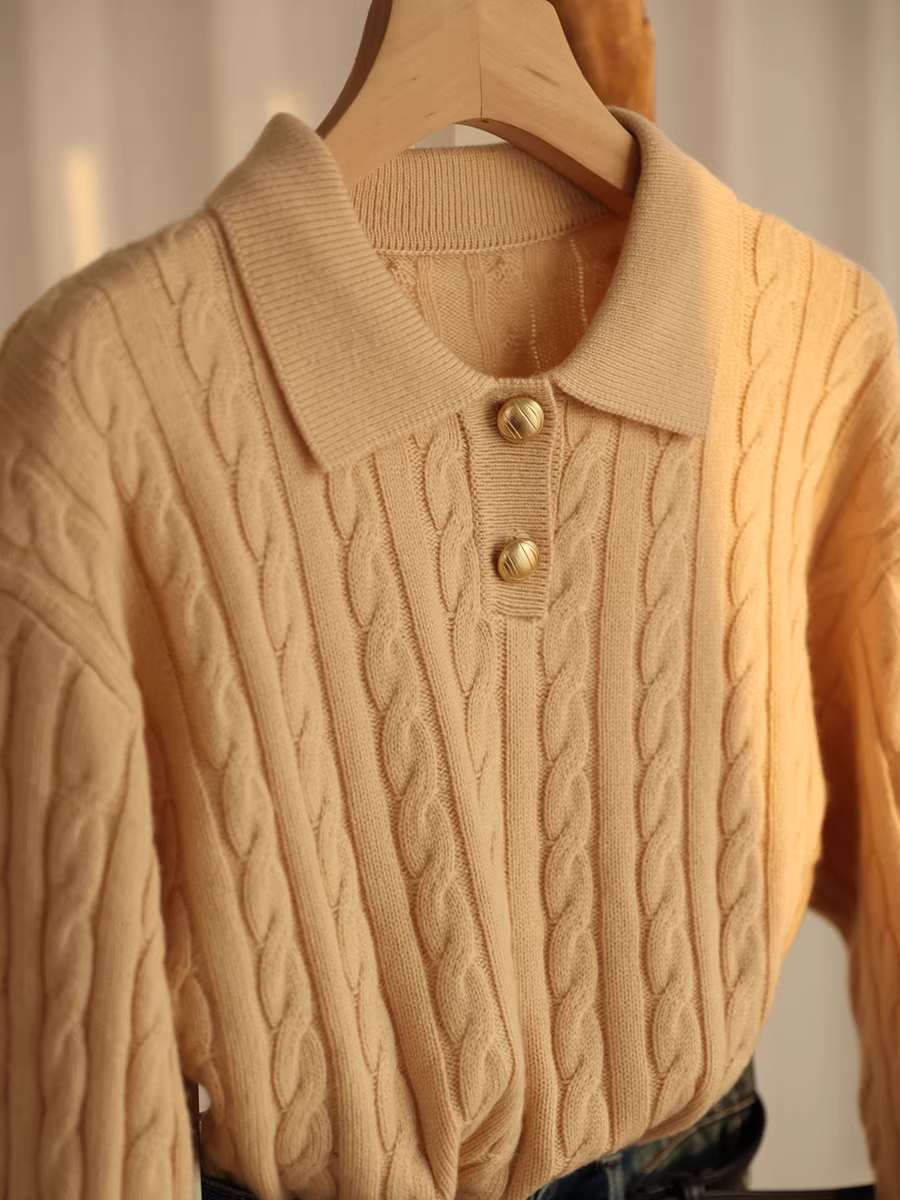 Áo len dệt kim kiểu cổ Polo, nút vàng nhỏ phong cách retro, chất liệu len dày 400g, giữ ấm, kiểu dáng lười dành cho nữ mùa thu đông