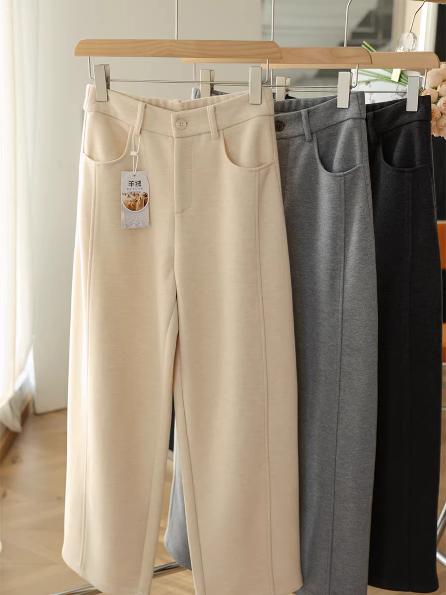 Quần cashmere lụa! Quần len acetate dày 700g, cạp cao, dáng rộng, ống thẳng, kiểu dáng thanh lịch dành cho nữ, mới cho mùa thu đông.
