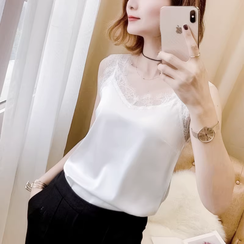 Áo lót cổ chữ V ren nữ áo lót lụa satin mặc bên trong màu đen màu trơn gợi cảm áo khoác ngoài mùa hè